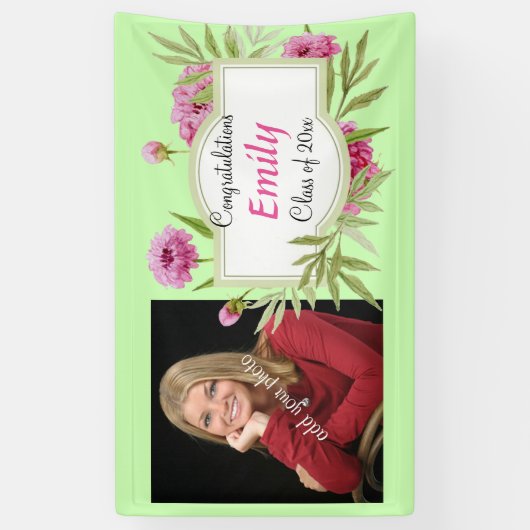 Afstuderen, Elegant roze bloemig, foto, op maat Spandoek (Verticaal)