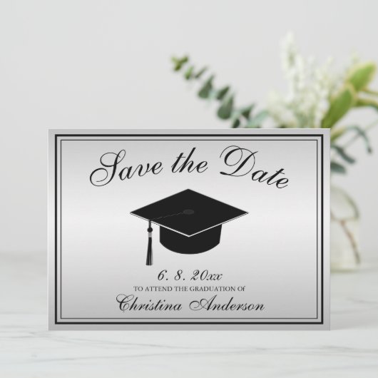 Afstuderen Elegant Save the Date Script Silver Kaart (Staand voorkant)
