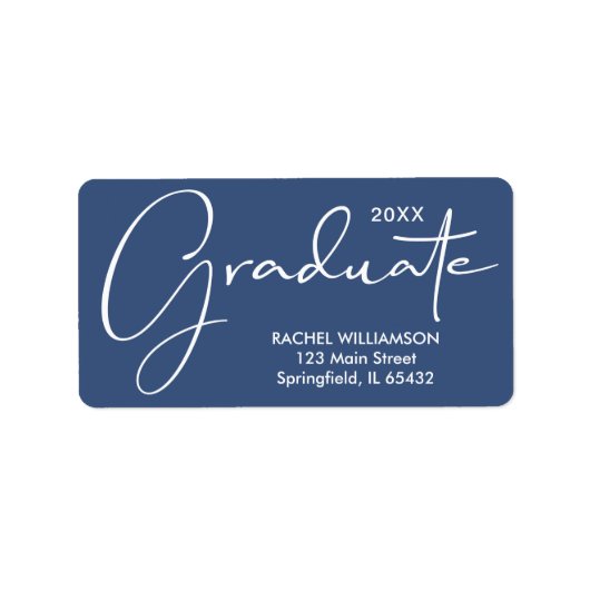 Afstuderen Elegant Script Blauw Retouradres Etiket (Voorkant)