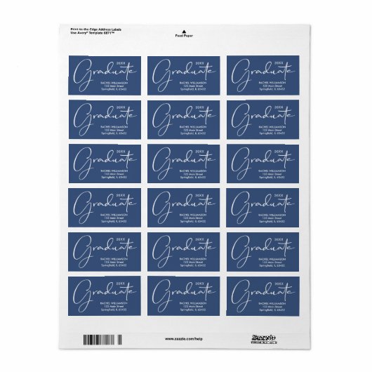 Afstuderen Elegant Script Blauw Retouradres Etiket (Full Sheet)