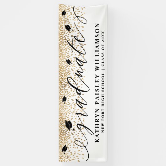 Afstuderen Elegant Script Gold Confetti Afstuderen Spandoek (Verticaal)