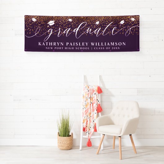 Afstuderen Elegant Script Gold Confetti Afstuderen Spandoek (Insitu)
