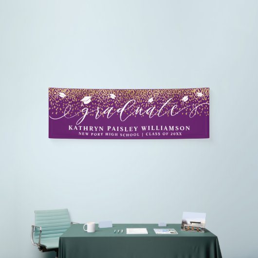 Afstuderen Elegant Script Gold Confetti Afstuderen Spandoek (Beurs)