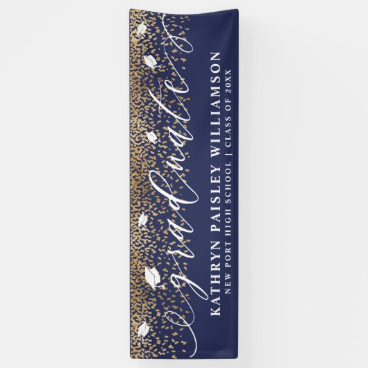 Afstuderen Elegant Script Gold Confetti Afstuderen Spandoek (Verticaal)