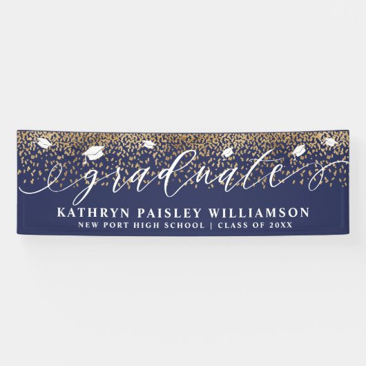 Afstuderen Elegant Script Gold Confetti Afstuderen Spandoek (Horizontaal)