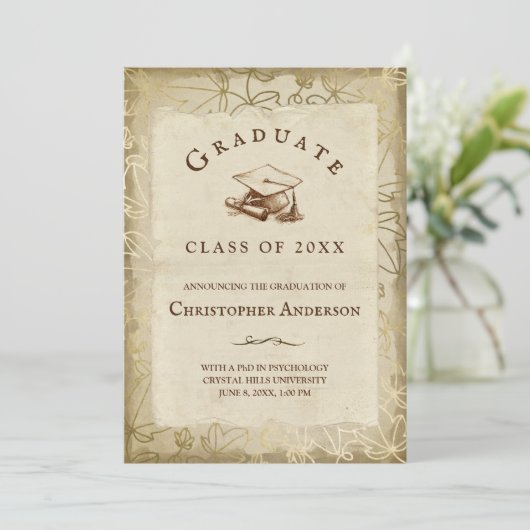 Afstuderen Elegant Tan Ivy Leaves 2023 Afstuderen Aankondiging (Staand voorkant)