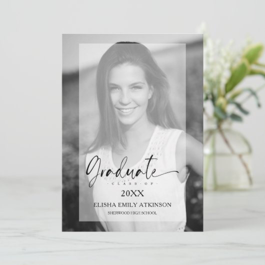 Afstuderen Elegant Vellum Effect Black & White Fot Kaart (Staand voorkant)