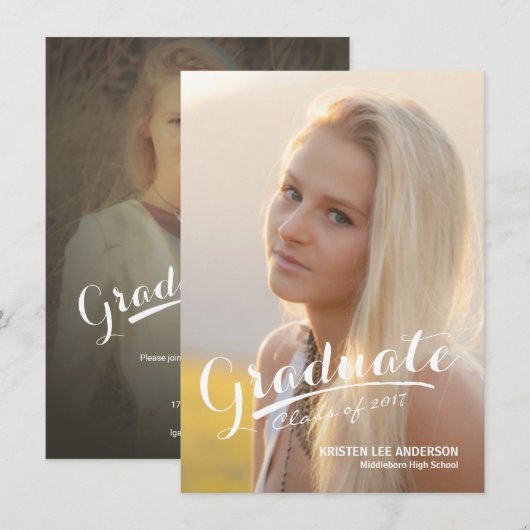 Afstuderen Elegant White Script Overlay Photo Kaart (Voorkant / Achterkant)