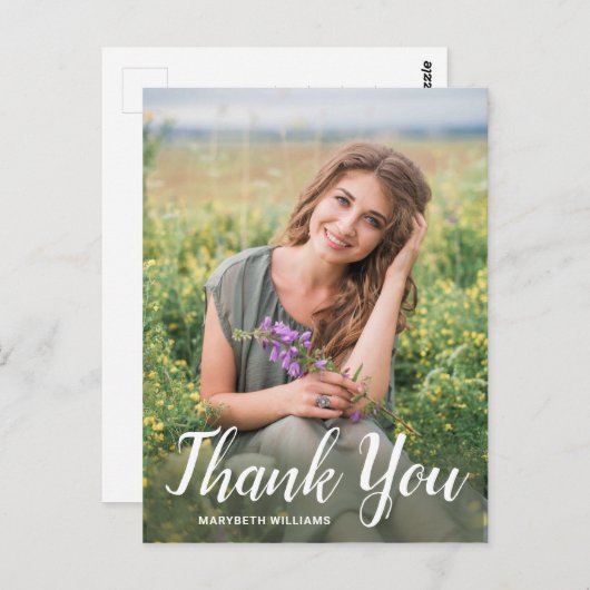 Afstuderen Elegant White Script Photo Briefkaart (Voorkant / Achterkant)