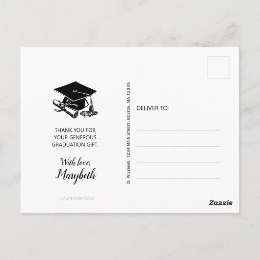 Afstuderen Elegant White Script Photo Briefkaart (Achterkant)