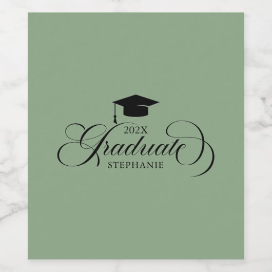 Afstuderen Elegant Zwart Groen Script Typografie Wijn Etiket (Enkel label)