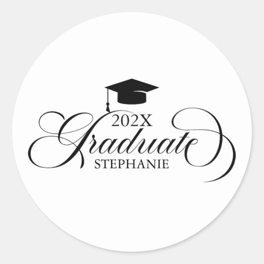 Afstuderen Elegant Zwart Wit Script Typografie Ronde Sticker (Voorkant)