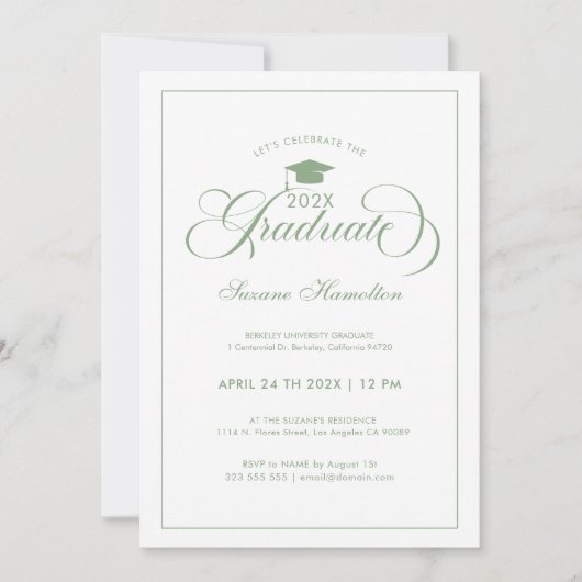 Afstuderen Elegante Groene Witte Script Typografie Kaart (Voorkant)
