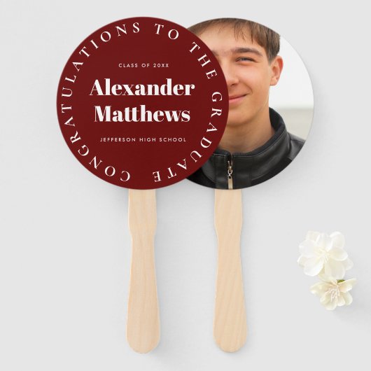 Afstuderen Fan School Class Man Foto Burgundy Handwaaier (Voorkant en achterkant)