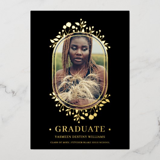 Afstuderen Fancy Botanisch ovaal Lijst Golden effe Folie Uitnodiging (Voorkant)