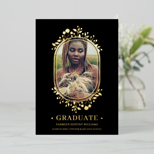 Afstuderen Fancy Botanisch ovaal Lijst Golden effe Folie Uitnodiging (Staand Voorkant)