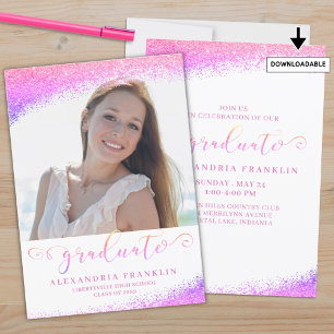 Afstuderen Fancy Script Pink Faux Glitter Foto Kaart