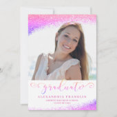 Afstuderen Fancy Script Pink Faux Glitter Foto Kaart (Voorkant)