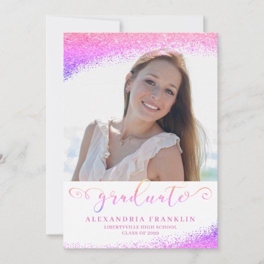 Afstuderen Fancy Script Pink Faux Glitter Foto Kaart (Voorkant)