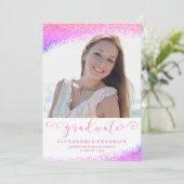 Afstuderen Fancy Script Pink Faux Glitter Foto Kaart (Staand voorkant)
