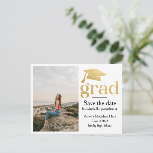 Afstuderen Faux Gold Foil | De datum-foto opslaan Briefkaart (Staand voorkant)