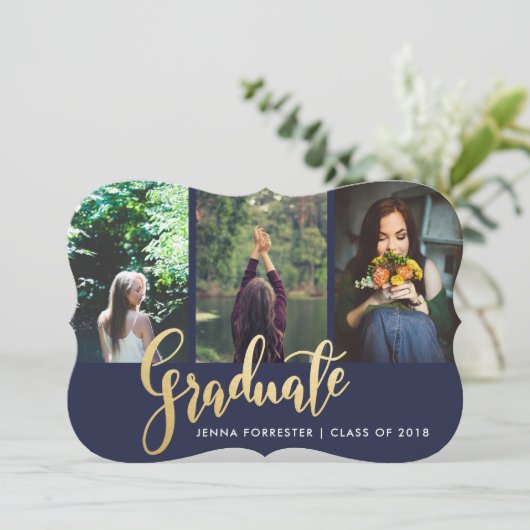 Afstuderen Faux Gold Foil Script Foto | Marine Bla Kaart (Staand voorkant)
