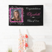 Afstuderen, faux sprankelende glitter, roze spandoek (Insitu)