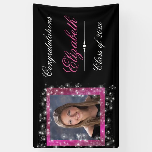 Afstuderen, faux sprankelende glitter, roze spandoek (Verticaal)