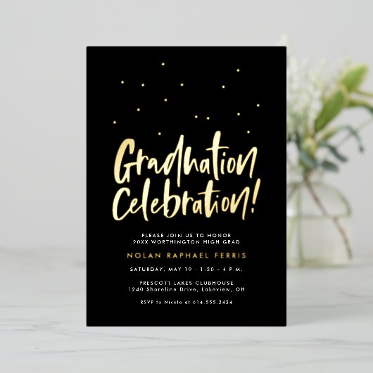 Afstuderen feest leuke confetti folie uitnodiging (Staand Voorkant)