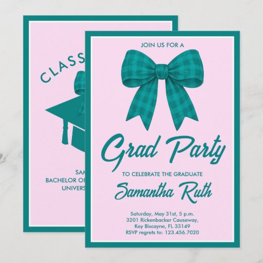 Afstuderen Feest met Turquoise Gingham Strik Kaart (Voorkant / Achterkant)