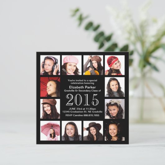 Afstuderen feestvieren met 12 foto's kaart (Staand voorkant)