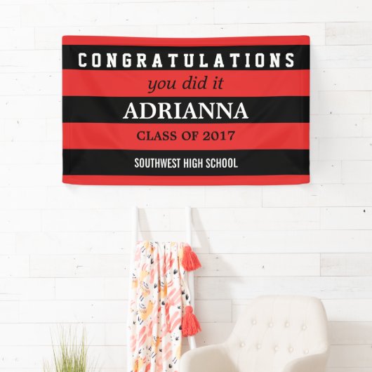 Afstuderen felicitaties voor zwarte en rode strepe spandoek (Insitu)