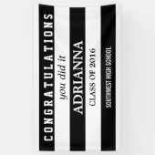 Afstuderen felicitaties voor zwarte en witte strep spandoek (Verticaal)