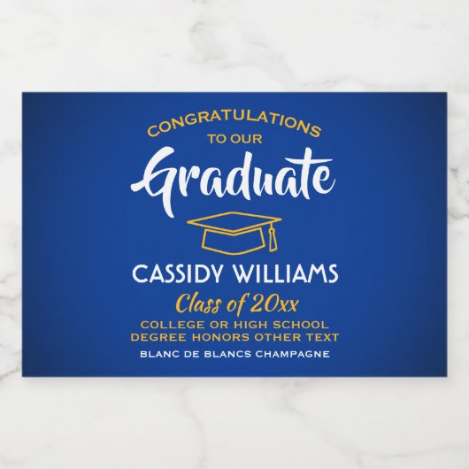 Afstuderen feliciteert Royal Blue en Gold Mini Spl Sparkling Wijnetiket (Enkel label)