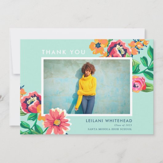 Afstuderen Floral Aqua Blue Bedankkaart (Voorkant)