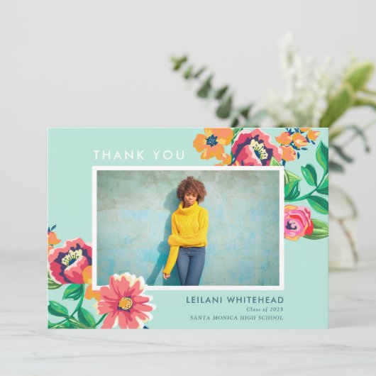Afstuderen Floral Aqua Blue Bedankkaart (Staand voorkant)