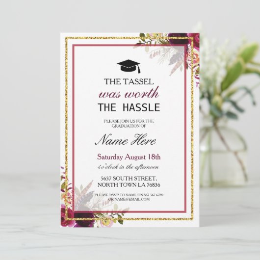 Afstuderen Floral Berry Rustic Gold Invitation Kaart (Staand voorkant)
