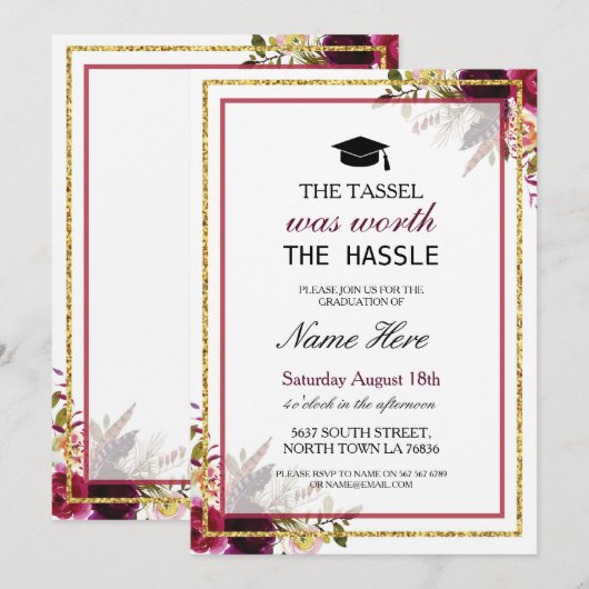 Afstuderen Floral Berry Rustic Gold Invitation Kaart (Voorkant / Achterkant)