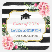 Afstuderen Floral Black White Stripe Vierkante Sticker (Voorkant)