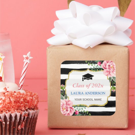 Afstuderen Floral Black White Stripe Vierkante Sticker (Feest)