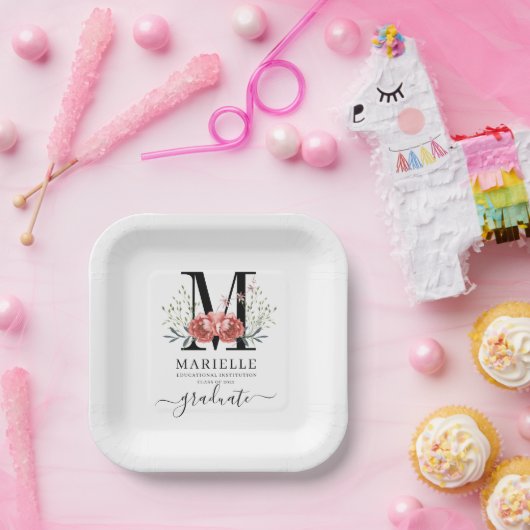 Afstuderen Floral Monogram Logo Papieren Bordje (Feest)