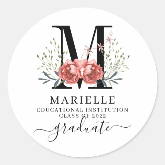 Afstuderen Floral Monogram Logo Ronde Sticker (Voorkant)
