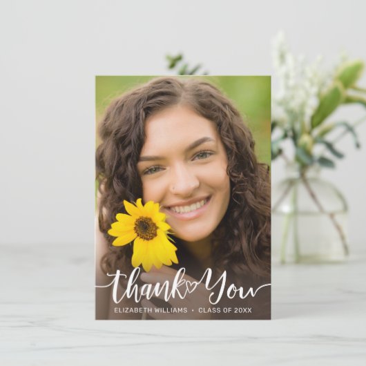 Afstuderen Floral Sunflower White script Dank u Bedankkaart (Staand voorkant)