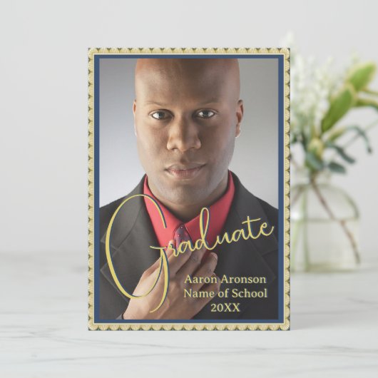 Afstuderen Foto Aankondiging Blauw en Goud (Staand voorkant)