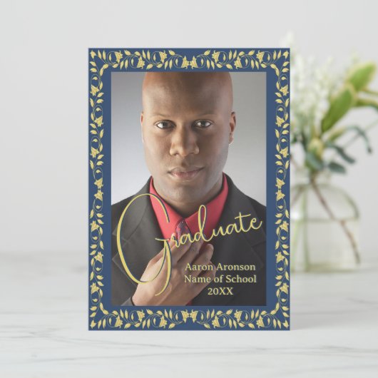 Afstuderen Foto Aankondiging Blauw en Gouden Ivy (Staand voorkant)