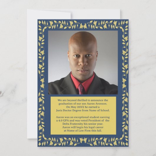 Afstuderen Foto Aankondiging Blauw en Gouden Ivy (Achterkant)