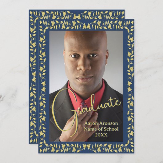 Afstuderen Foto Aankondiging Blauw en Gouden Ivy (Voorkant / Achterkant)