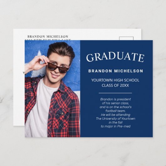 Afstuderen Foto Aankondiging Uitnodiging blauw (Voorkant / Achterkant)