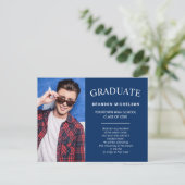 Afstuderen Foto Aankondiging Uitnodiging blauw (Staand voorkant)