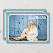 Afstuderen Foto  Blauw opslaan Datum Save The Date (Voorkant / Achterkant)